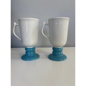 Vintage Hall Footed Pedestal Irish Coffee Mug #1272 Blue & White Set of 2